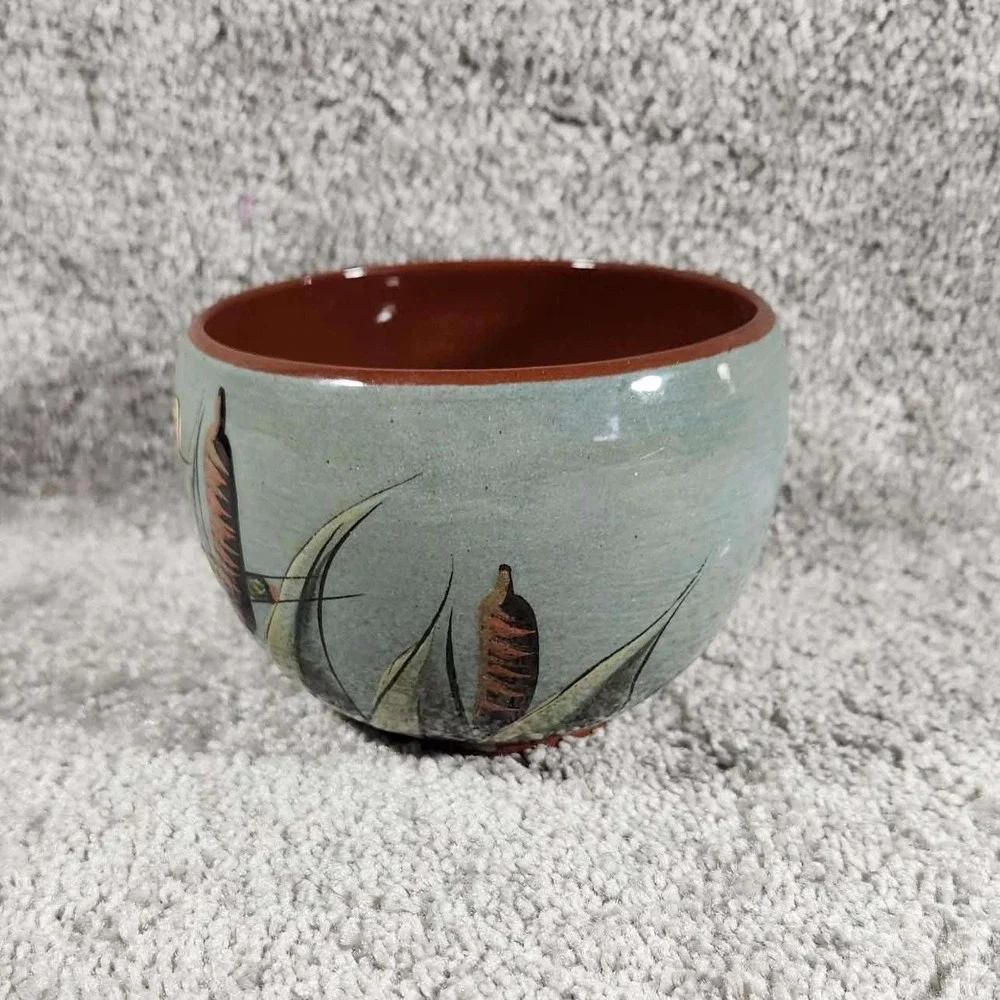 Studio Pottery‎ Dragonfly Cattail Ceramic Bowl Blue Terracotta Signed Small
